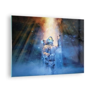 Obraz na skle - Astronaut ve vesmíru osvětlený paprsky světla - 70x50cm - Konečně v cíli - Moderní nástěnná dekorace do obývacího pokoje a ložnice ARTTOR