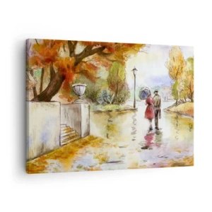 Obraz na plátně - Procházka podzimním parkem s deštníkem - 70x50cm - Romantický podzim v parku - Moderní nástěnná dekorace do obývacího pokoje a ložnice ARTTOR