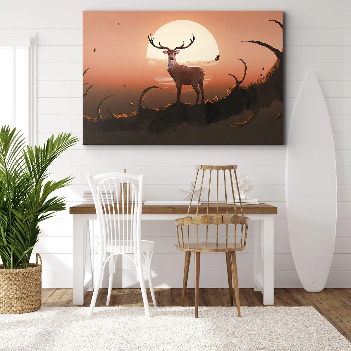 Obraz na plátně - Jelen na pozadí zapadajícího slunce a surrealistické krajiny - 70x50cm - Tato noc se nepodobá jiným - Moderní nástěnná dekorace do obývacího pokoje a ložnice ARTTOR