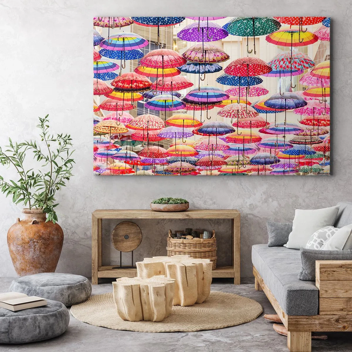 Obraz na plátně - Barevné deštníky zavěšené ve vzduchu - 70x50cm - Městská louka - Moderní nástěnná dekorace do obývacího pokoje a ložnice ARTTOR