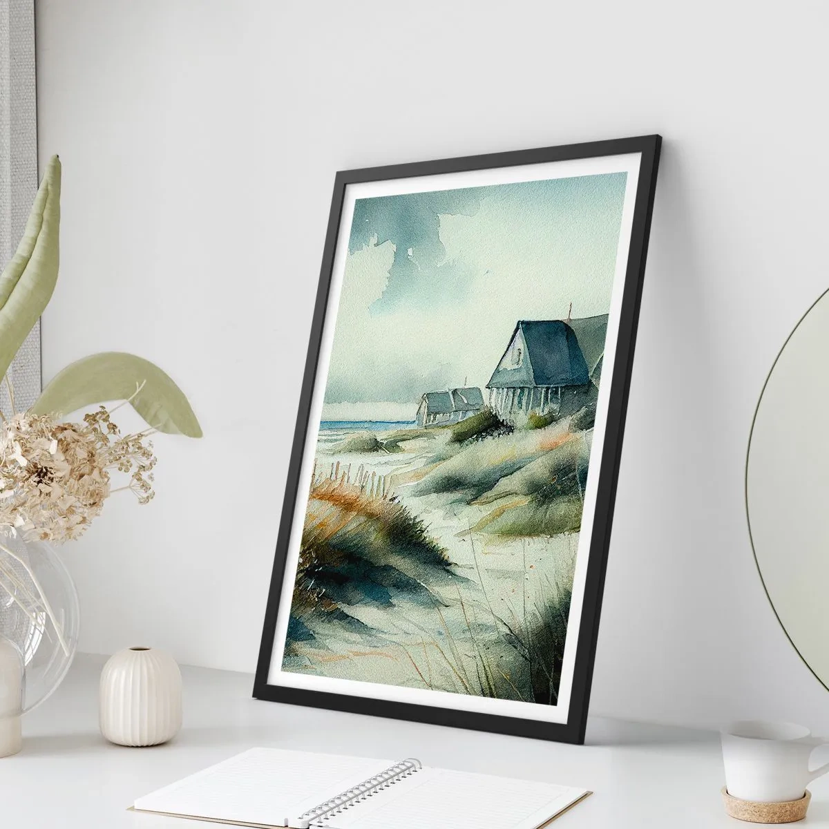Plakát v černém rámu - Akvarelový plážový dům s výhledem na moře - 50x70cm - Daleko od shonu - Moderní nástěnná dekorace do obývacího pokoje a ložnice ARTTOR