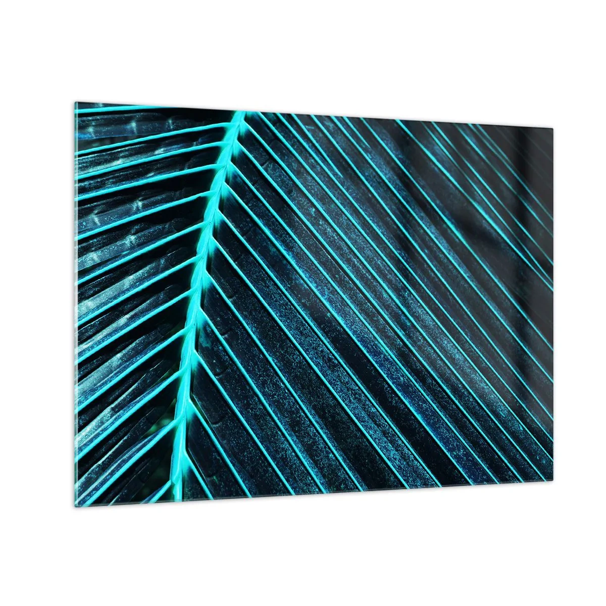 Obraz na skle - Makrofotografie palmového listu v tyrkysových odstínech - 70x50cm - Textura zeleně - Moderní nástěnná dekorace do obývacího pokoje a ložnice ARTTOR