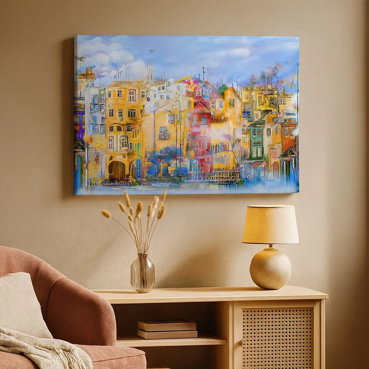 Obraz na plátně - Barevné městské budovy v uměleckém stylu - 70x50cm - Jsme spolu - Moderní nástěnná dekorace do obývacího pokoje a ložnice ARTTOR