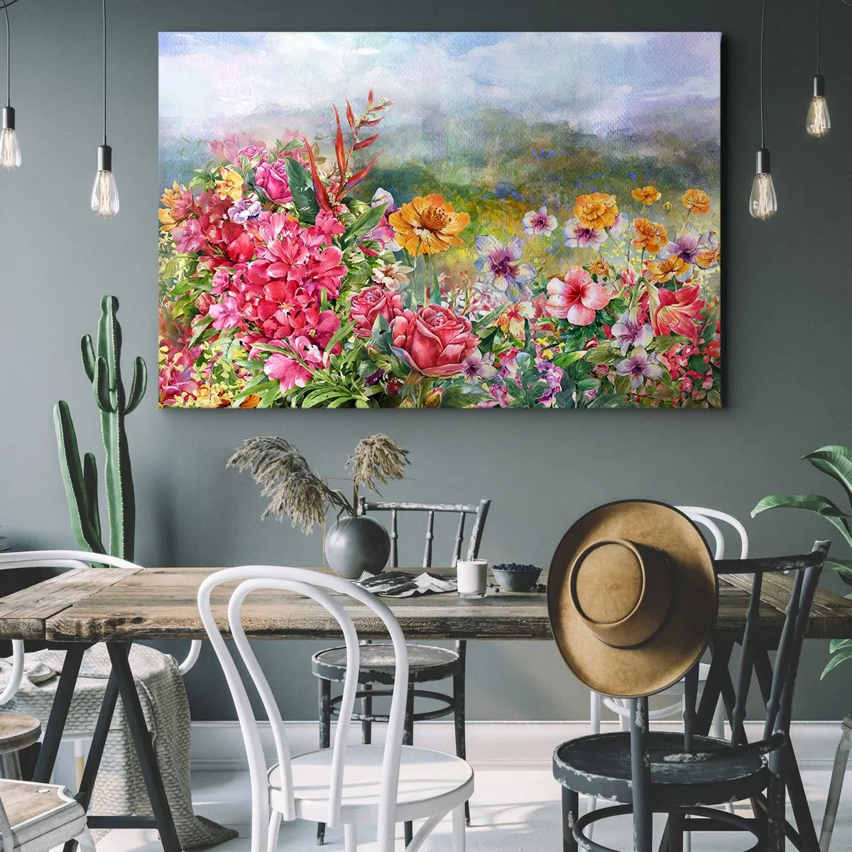 Obraz na plátně - Barevná kompozice květin na pastelově zbarveném pozadí krajiny - 70x50cm - Zahrada, která se zbláznila - Moderní nástěnná dekorace do obývacího pokoje a ložnice ARTTOR