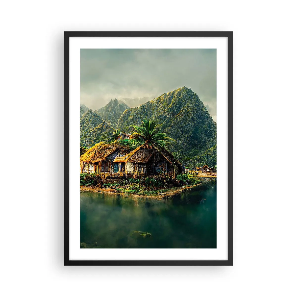 Plakát v černém rámu - Tropická chata s horami a jezerem v pozadí - 50x70cm - Tropický ráj - Moderní nástěnná dekorace do obývacího pokoje a ložnice ARTTOR