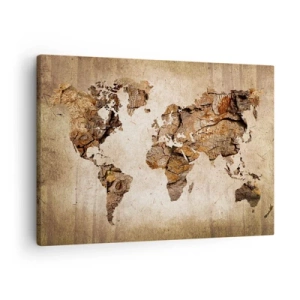 Obraz na plátně - Mapa světa v dřevěném, rustikálním stylu - 70x50cm - Objev světa - Moderní nástěnná dekorace do obývacího pokoje a ložnice ARTTOR