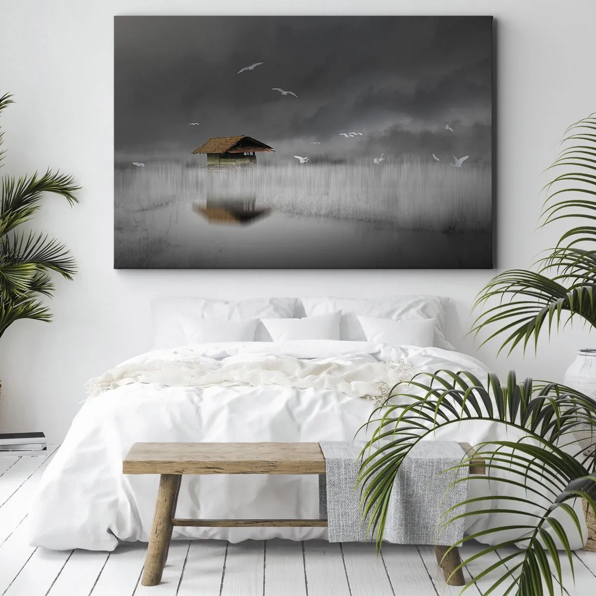 Obraz na plátně - Osamělá chata u vody obklopená mlhou a ptáky - 70x50cm - Úkryt před deštěm - Moderní nástěnná dekorace do obývacího pokoje a ložnice ARTTOR