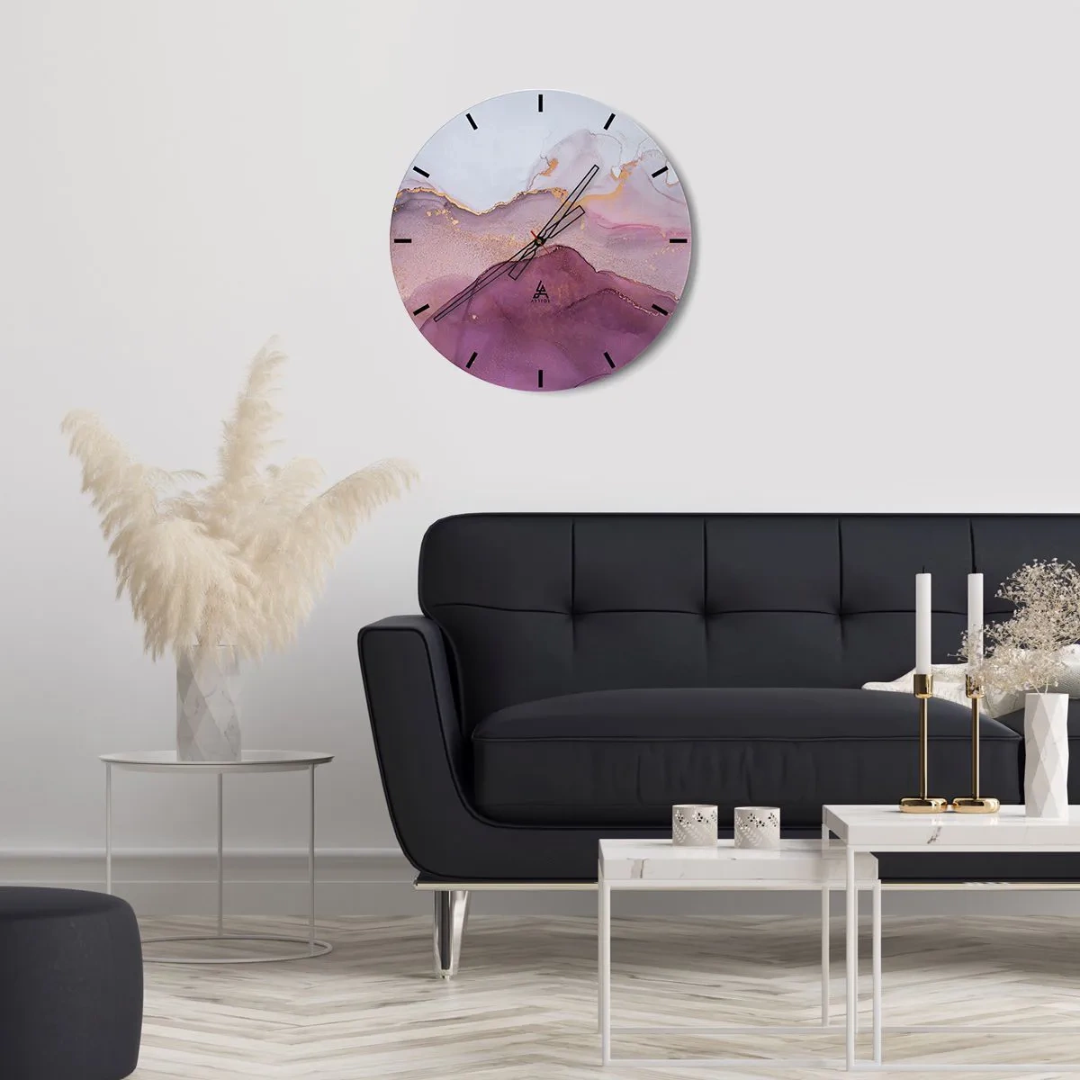 Nástěnné hodiny - Abstraktní vlny v odstínech šeříku, fialové a zlaté - 30x30cm - Fialové a lilové vlny - Moderní nástěnná dekorace do obývacího pokoje, kuchyně a ložnice ARTTOR