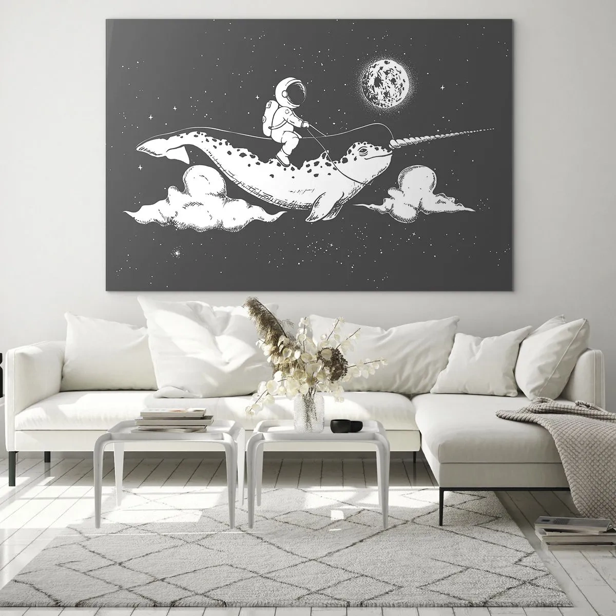 Obraz na skle - Astronaut jedoucí na narvalovi ve vesmírném prostředí - 70x50cm - Vesmírný jezdec - Moderní nástěnná dekorace do obývacího pokoje a ložnice ARTTOR