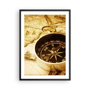 Plakát v černém rámu - Kompas na sépiově hnědém pozadí mapy - 50x70cm - Na východ nebo na západ? - Moderní nástěnná dekorace do obývacího pokoje a ložnice ARTTOR