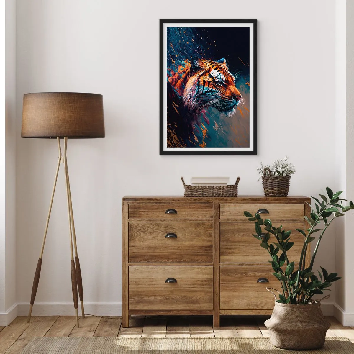 Plakát v černém rámu - Dynamický portrét tygra v uměleckém stylu - 50x70cm - Divoká krása - Moderní nástěnná dekorace do obývacího pokoje a ložnice ARTTOR