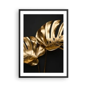 Plakát v černém rámu - Zlaté listy monstery na černém pozadí, elegantní barevný kontrast - 50x70cm - Poklady přírody - Moderní nástěnná dekorace do obývacího pokoje a ložnice ARTTOR