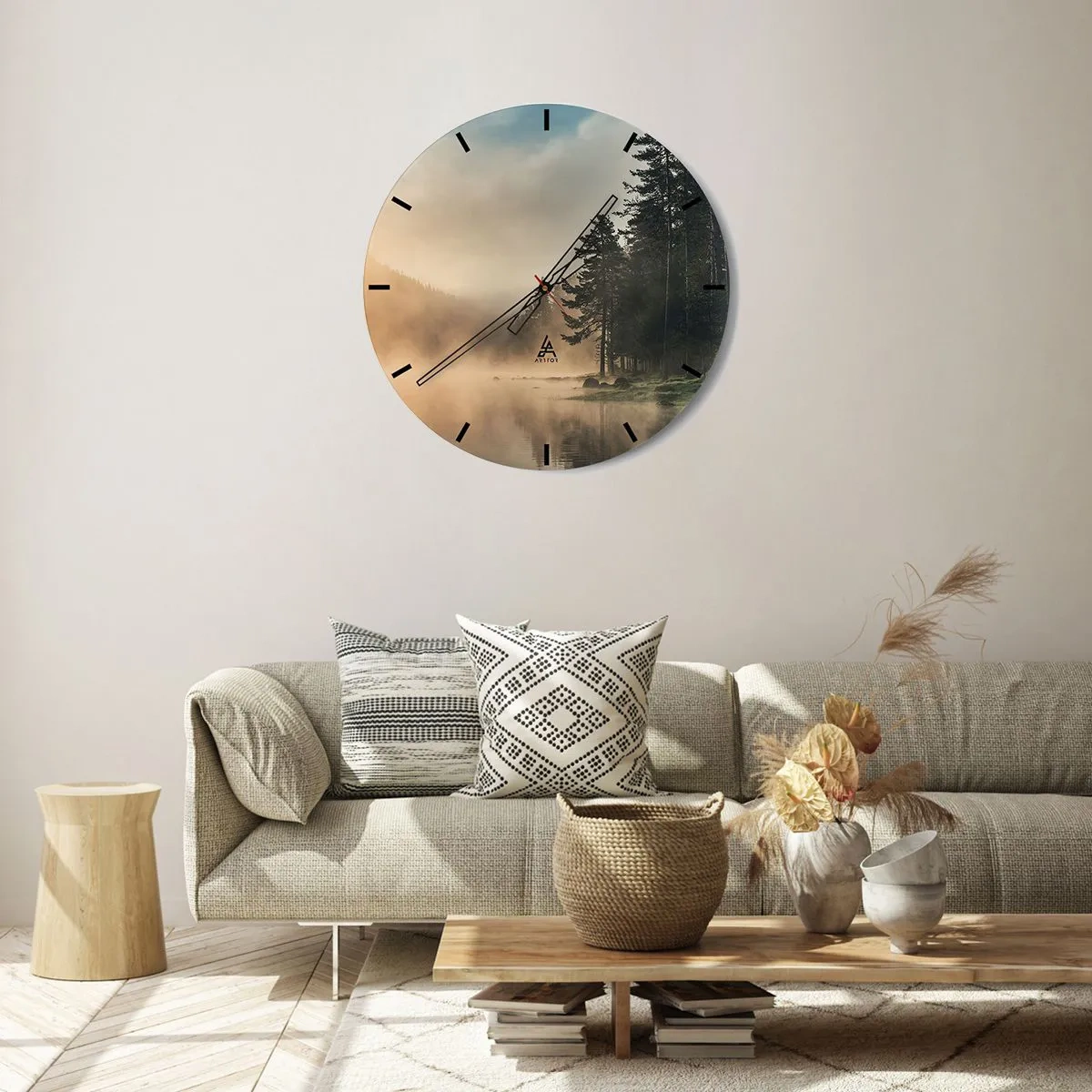 Nástěnné hodiny - Mlžná lesní krajina nad klidným jezerem - 30x30cm - Zrození dne - Moderní nástěnná dekorace do obývacího pokoje, kuchyně a ložnice ARTTOR