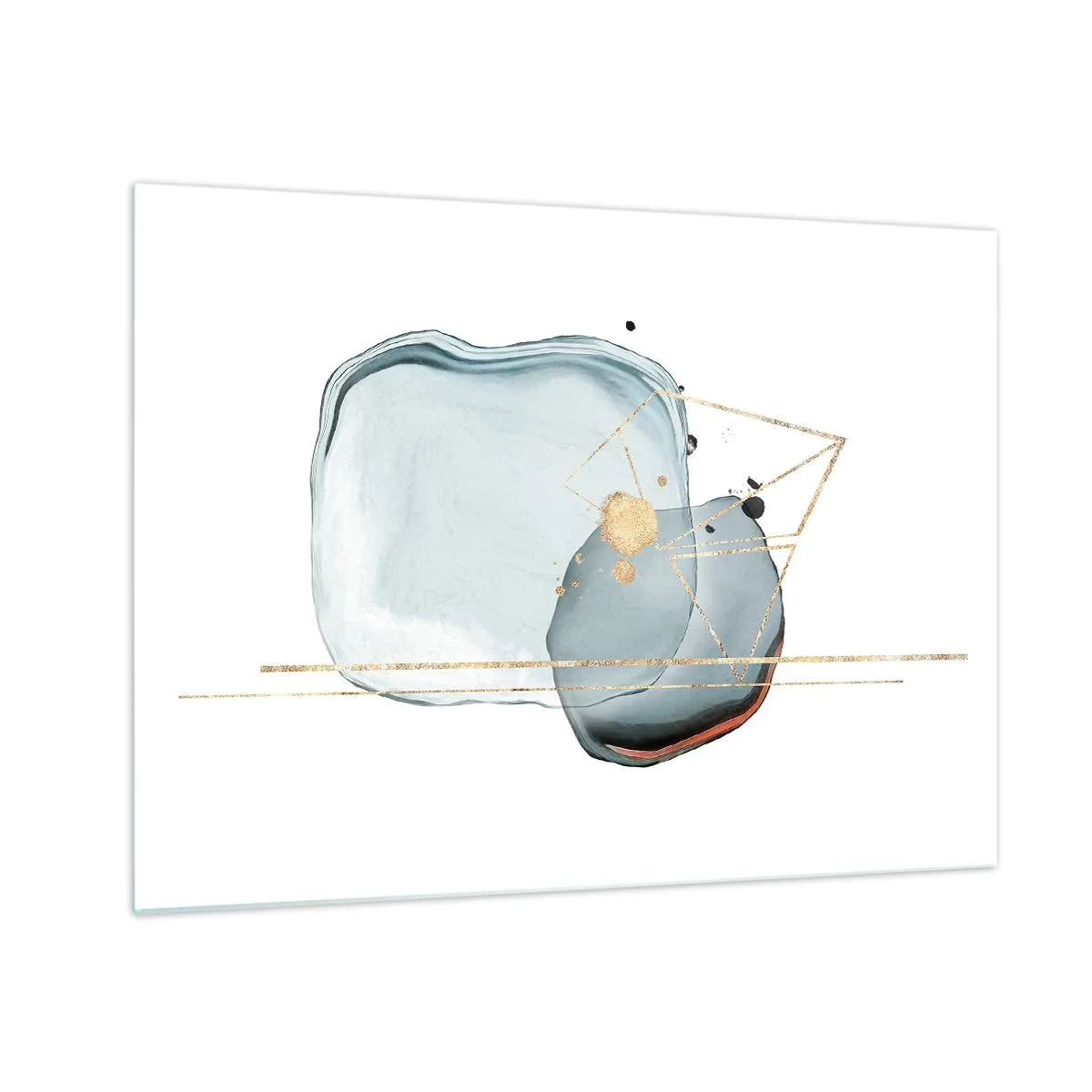 Obraz na skle - Moderní abstrakce s kapkami a zlatými geometrickými liniemi - 70x50cm - Studie kapky - Moderní nástěnná dekorace do obývacího pokoje a ložnice ARTTOR