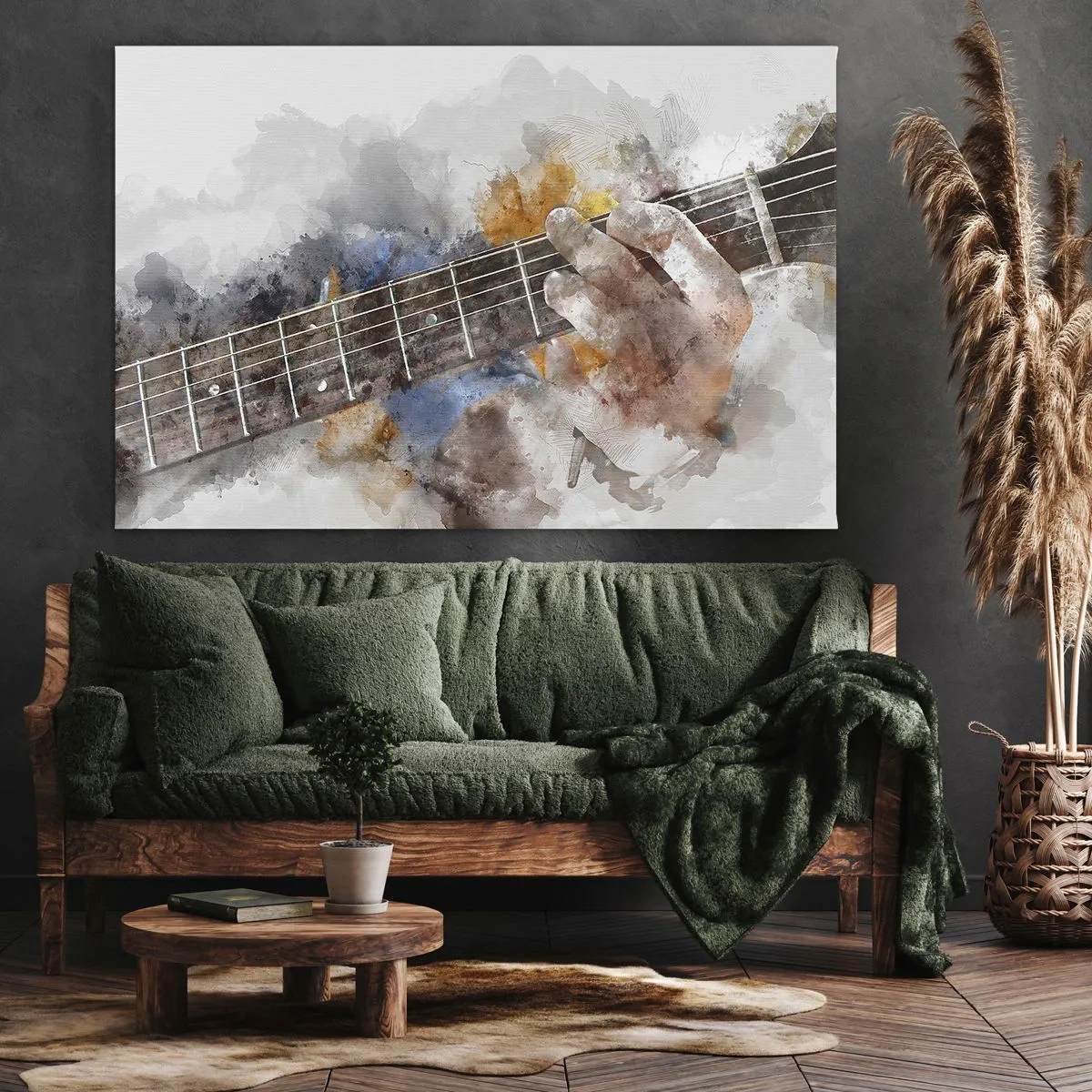Obraz na plátně - Abstraktní obraz ruky hrající na kytaru - 70x50cm - Poezie mezi strunami - Moderní nástěnná dekorace do obývacího pokoje a ložnice ARTTOR