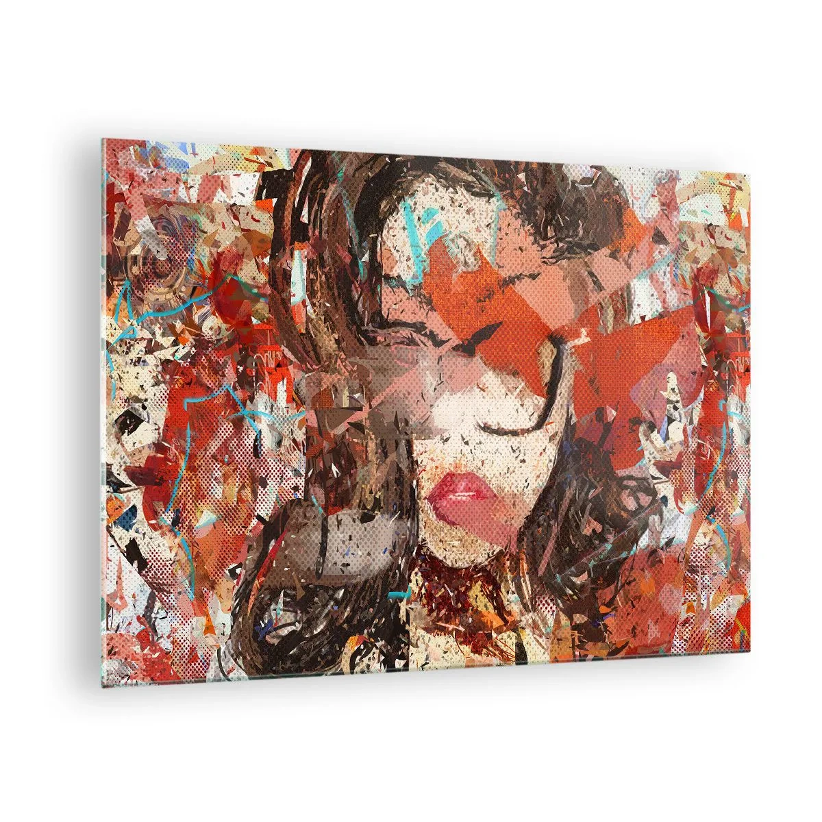 Obraz na skle - Abstraktní portrét ženy v odstínech červené a béžové - 70x50cm - Jaká jsi skutečně nikdo neví - Moderní nástěnná dekorace do obývacího pokoje a ložnice ARTTOR