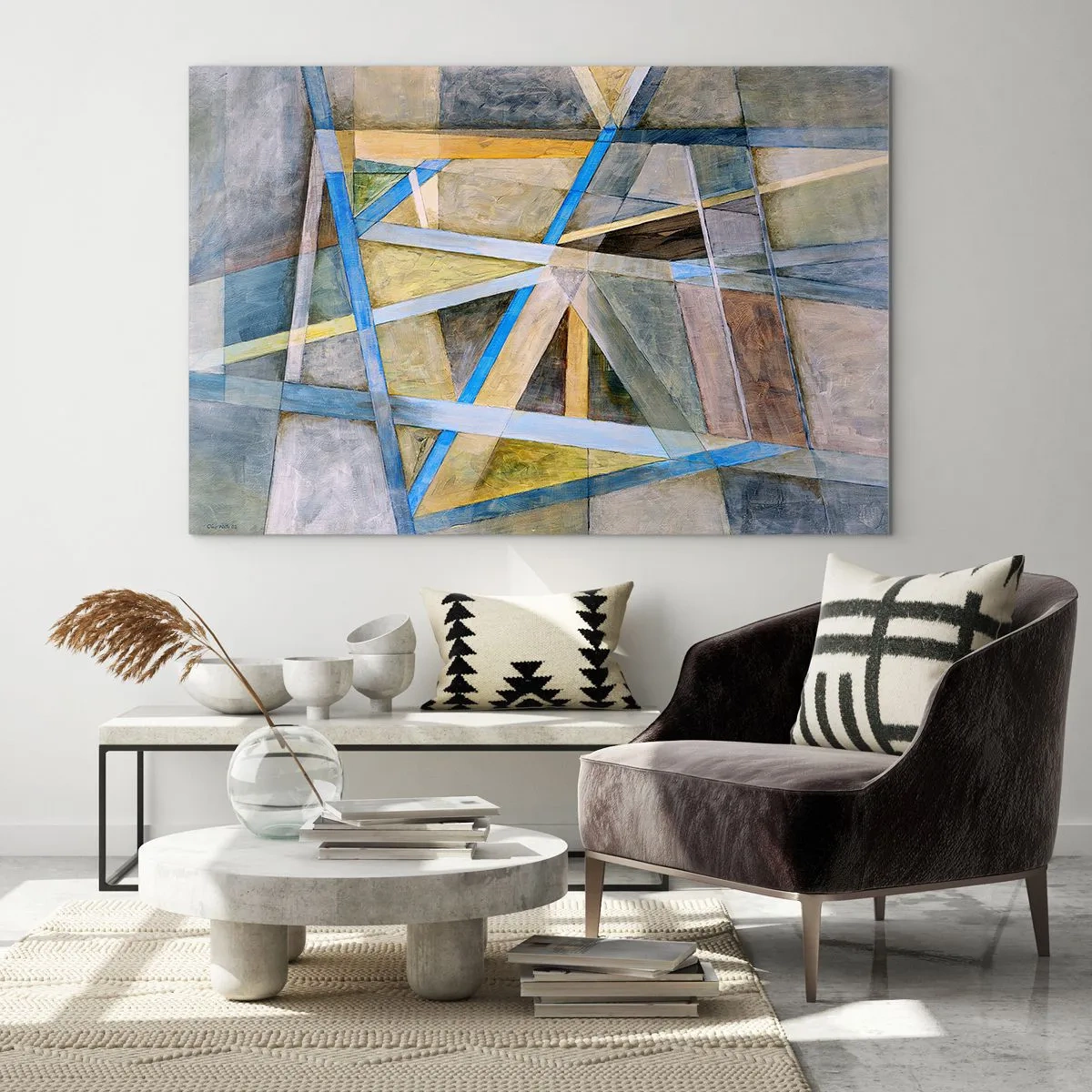 Obraz na skle - Abstraktní kompozice s geometrickými tvary - 70x50cm - Přímo nebo diagonálně? - Moderní nástěnná dekorace do obývacího pokoje a ložnice ARTTOR