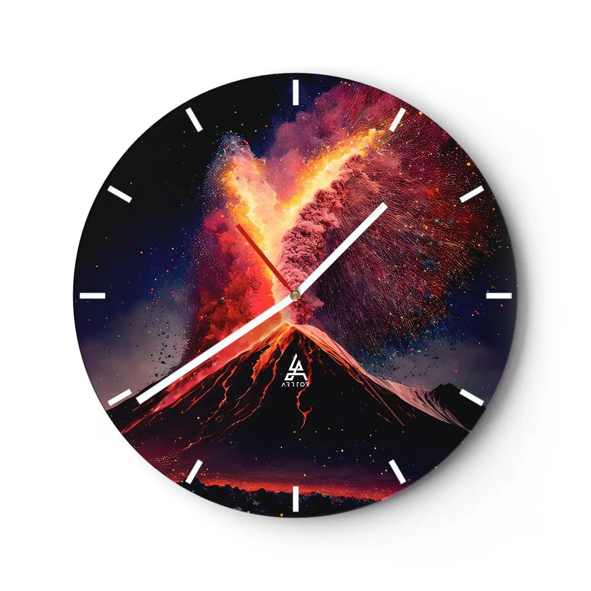 Nástěnné hodiny - Sopečná erupce s fontánou ohně a kouře na nočním pozadí - 30x30cm - Krása a hrůza - Moderní nástěnná dekorace do obývacího pokoje, kuchyně a ložnice ARTTOR