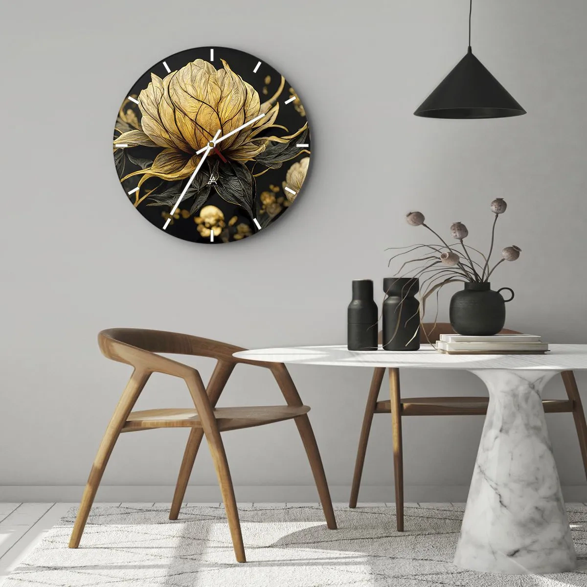 Nástěnné hodiny - Zlatá a černá květina na tmavém pozadí - 30x30cm - Jemná křehkost - Moderní nástěnná dekorace do obývacího pokoje, kuchyně a ložnice ARTTOR