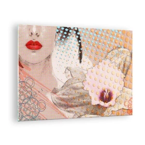 Obraz na skle - Ilustrace portrétu ženy s květinou v pozadí ve stylu pop art - 70x50cm - Komiksový heroin - Moderní nástěnná dekorace do obývacího pokoje a ložnice ARTTOR