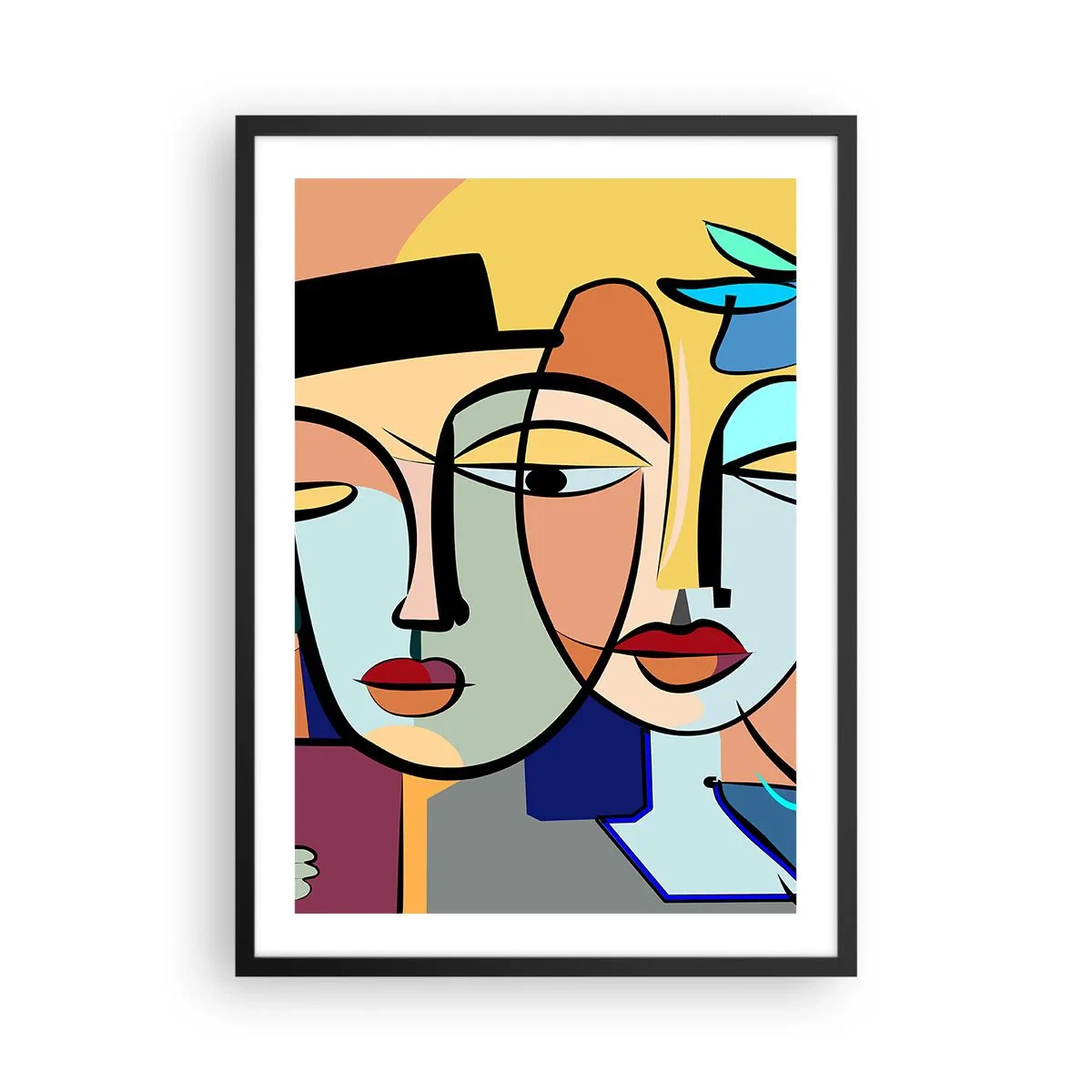 Plakát v černém rámu - Barevná abstraktní kompozice tváří v kubistickém stylu - 50x70cm - Picassovo randez vous - Moderní nástěnná dekorace do obývacího pokoje a ložnice ARTTOR