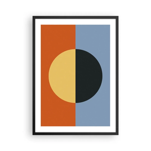 Plakát v černém rámu - Geometrická kompozice s kruhem a kontrastními barvami - 50x70cm - Kompozice tepla a chladu - Moderní nástěnná dekorace do obývacího pokoje a ložnice ARTTOR