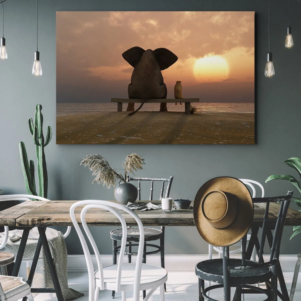 Obraz na plátně - Slon a pes sedí na lavičce na pláži při západu slunce. - 70x50cm - Je skvělé spolu mlčet - Moderní nástěnná dekorace do obývacího pokoje a ložnice ARTTOR
