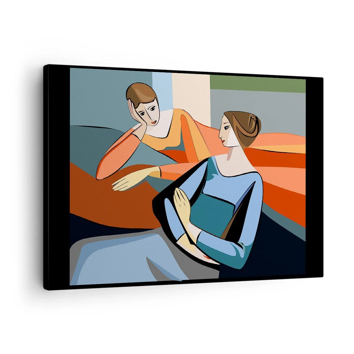 Obraz na plátně - Abstraktní ilustrace dvou žen v kubistickém stylu - 70x50cm - Chvíle svěření - Moderní nástěnná dekorace do obývacího pokoje a ložnice ARTTOR