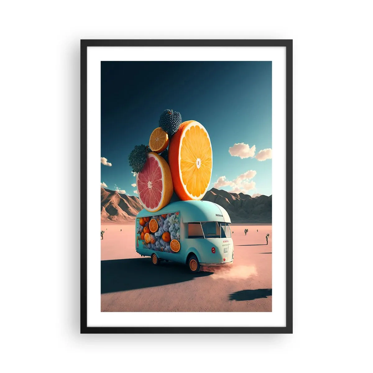 Plakát v černém rámu - Luxusní ovocný vůz v poušti - 50x70cm - Chuť prázdnin - Moderní nástěnná dekorace do obývacího pokoje a ložnice ARTTOR