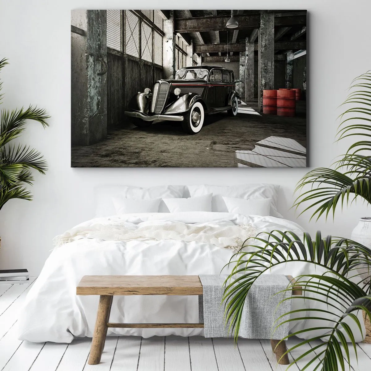 Obraz na plátně - Stylové retro auto v surovém skladu - 70x50cm - Nepomíjející elegance 30. let - Moderní nástěnná dekorace do obývacího pokoje a ložnice ARTTOR