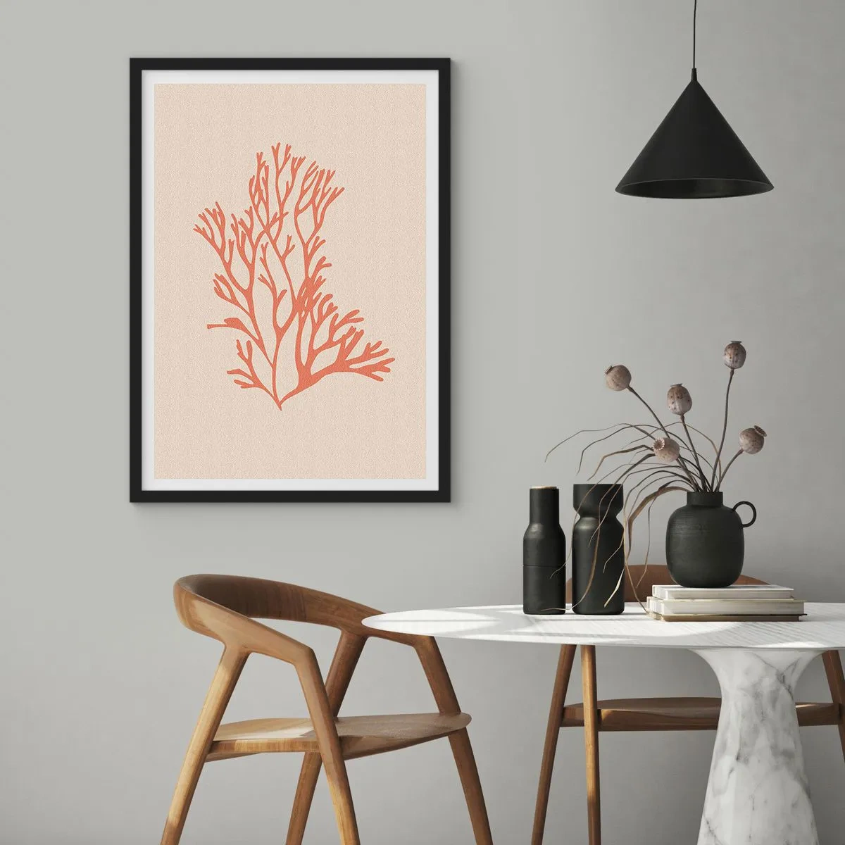 Plakát v černém rámu - Jemná ilustrace korálu na světlém pozadí - 50x70cm - Korálový filigrán - Moderní nástěnná dekorace do obývacího pokoje a ložnice ARTTOR