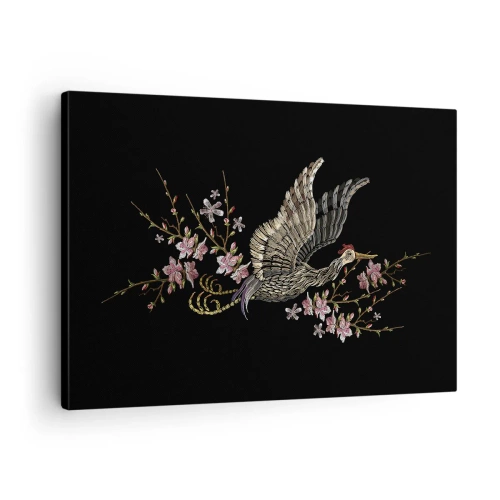 Obraz na plátně - Pták za letu s květinami na černém pozadí - 70x50cm - Exotický vyšívaný pták - Moderní nástěnná dekorace do obývacího pokoje a ložnice ARTTOR