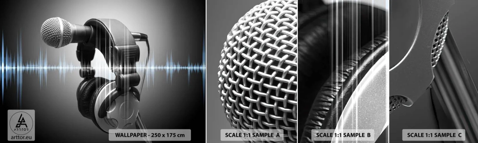 Fototapeta Vzorek Standard Eco - Ještě je slyšet zpěv - Mikrofon, Hudební sluchátka, Hudba - 100x30 cm