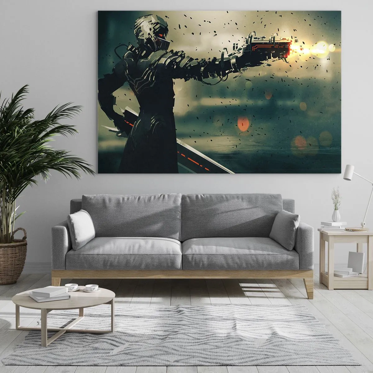 Obraz na skle - Kybernetický bojovník ve futuristickém stylu s energetickými zbraněmi - 70x50cm - Vražedná zbraň - tvůj vlastní terminátor - Moderní nástěnná dekorace do obývacího pokoje a ložnice ARTTOR