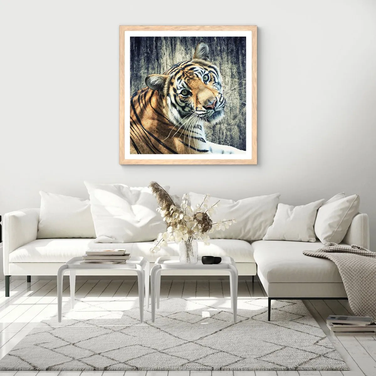 Plakát v rámu světlý dub - Portrét v pramenech světla - 60x60 cm