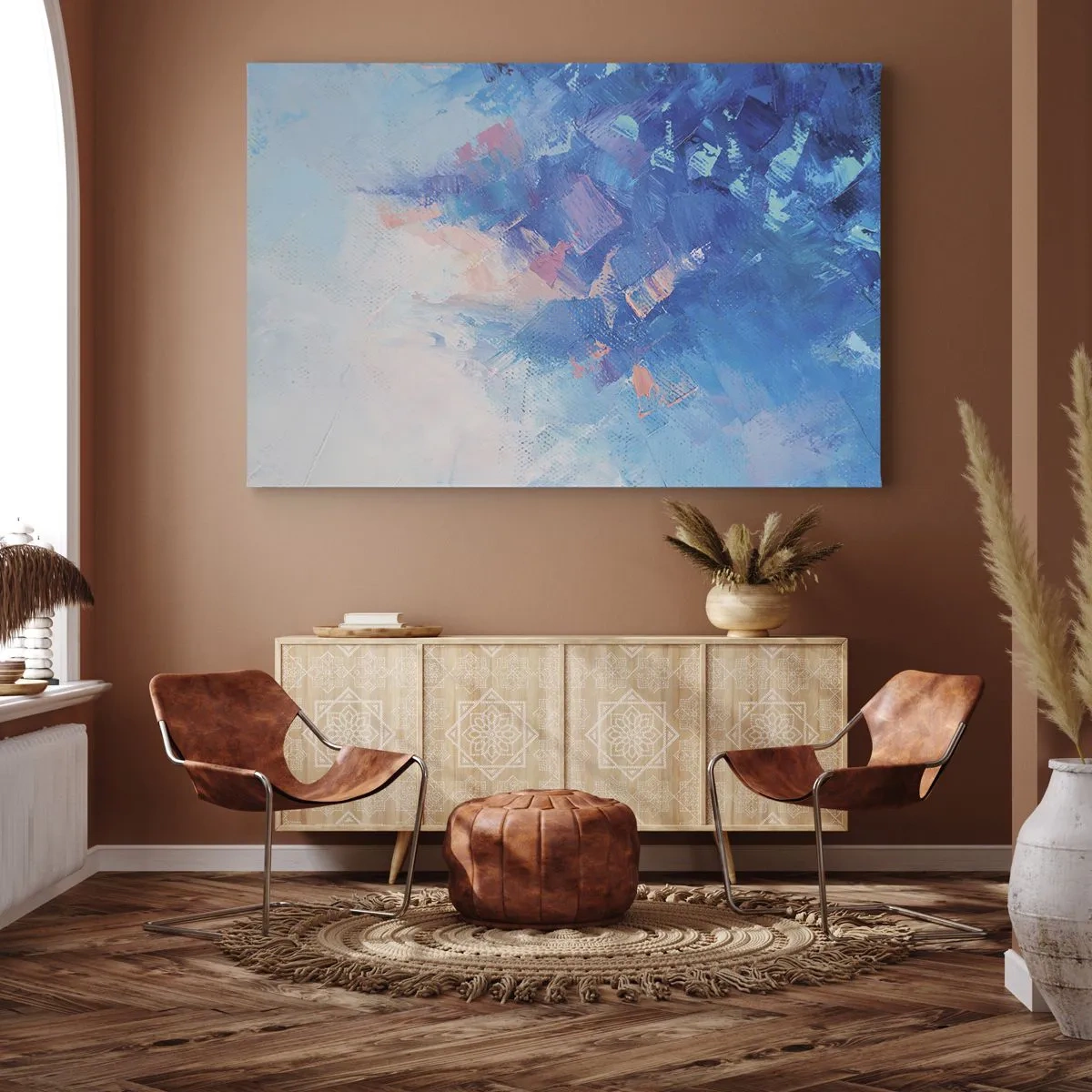 Obraz na plátně - Abstraktní kompozice v odstínech modré a růžové - 70x50cm - Zimní abstrakce - Moderní nástěnná dekorace do obývacího pokoje a ložnice ARTTOR