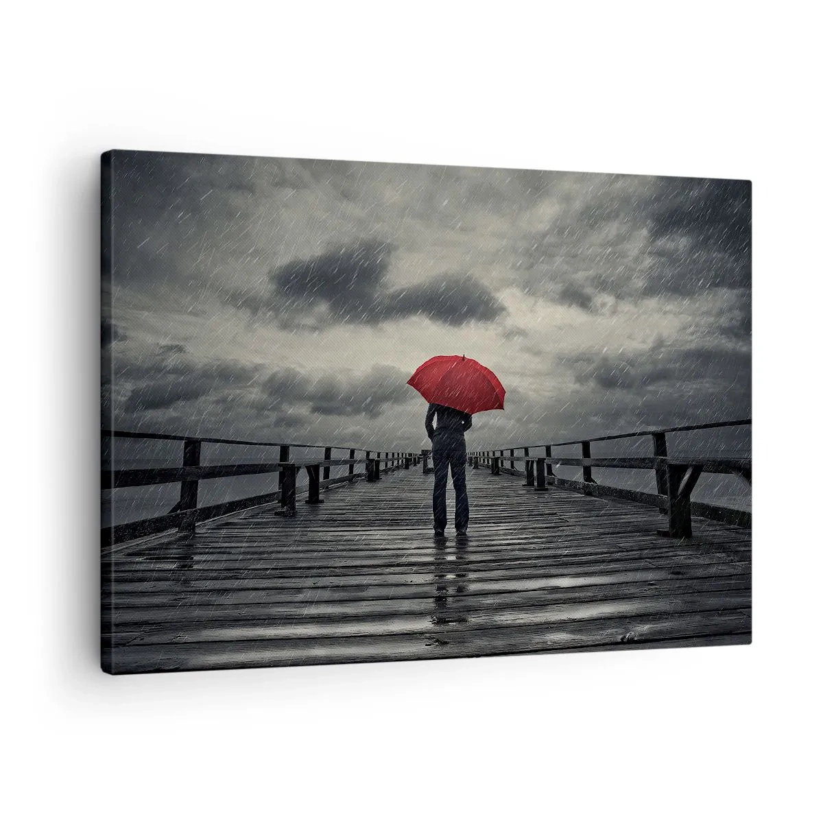 Obraz na plátně - Osoba s červeným deštníkem na deštivém molu - 70x50cm - Nevadí, že prší - Moderní nástěnná dekorace do obývacího pokoje a ložnice ARTTOR