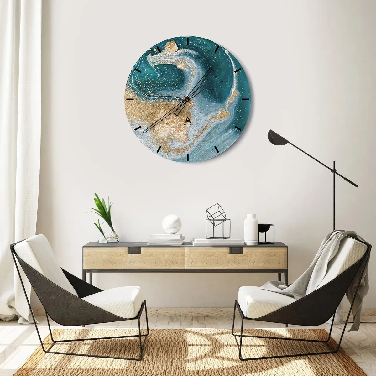Nástěnné hodiny - Umělecký vír v tyrkysové a zlaté barvě - 30x30cm - Vír zlaté a tyrkysové - Moderní nástěnná dekorace do obývacího pokoje, kuchyně a ložnice ARTTOR
