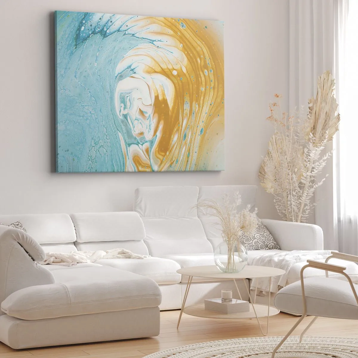 Obraz na plátně - Abstraktní vlny v odstínech modré a zlaté na plátně - 70x50cm - Pastelový vír - Moderní nástěnná dekorace do obývacího pokoje a ložnice ARTTOR