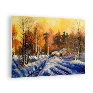 Obraz na skle - Zimní krajina s dřevěnou chatou při západu slunce - 70x50cm - Zimní imprese v slunci - Moderní nástěnná dekorace do obývacího pokoje a ložnice ARTTOR
