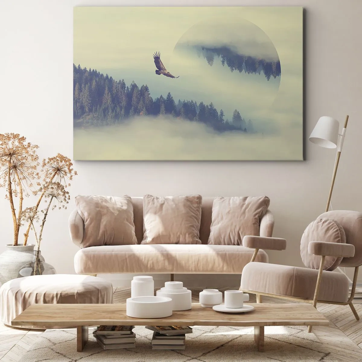 Obraz na plátně - Orel za letu na pozadí mlhavých hor s uměleckým kruhovým motivem - 70x50cm - Viděla jsem stín orla - Moderní nástěnná dekorace do obývacího pokoje a ložnice ARTTOR