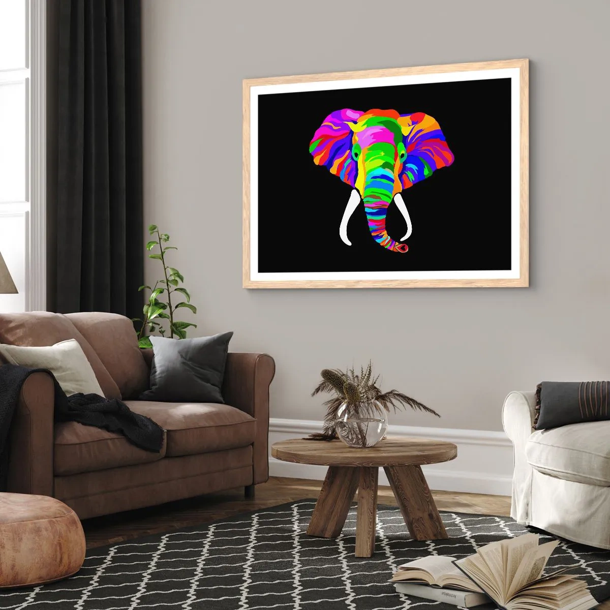 Plakát v rámu světlý dub - Slon, který se miloval koupat v duze - 91x61 cm