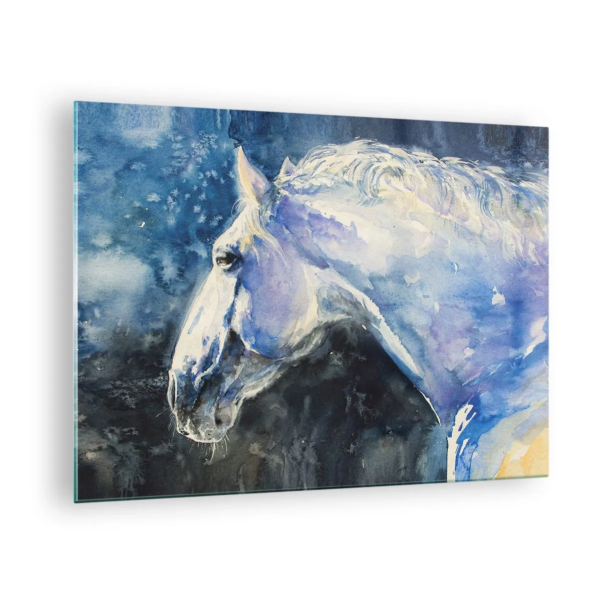 Obraz na skle - Akvarelový portrét koně v odstínech modré - 70x50cm - Portrét v modré záři - Moderní nástěnná dekorace do obývacího pokoje a ložnice ARTTOR