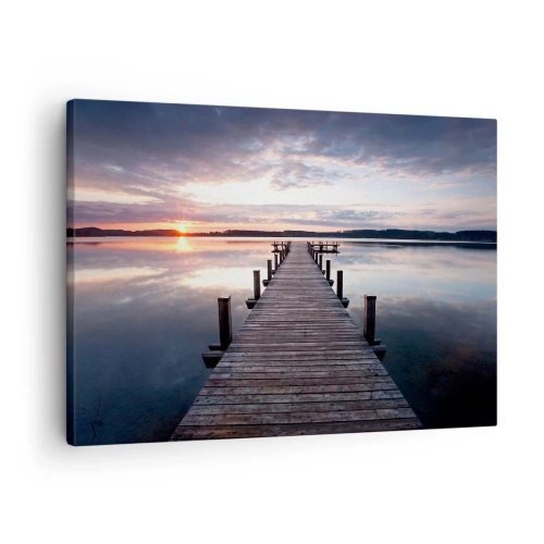 Obraz na plátně - Molo na jezeře při západu slunce v klidné krajině - 70x50cm - Tichá hranice mezi dnem a nocí - Moderní nástěnná dekorace do obývacího pokoje a ložnice ARTTOR