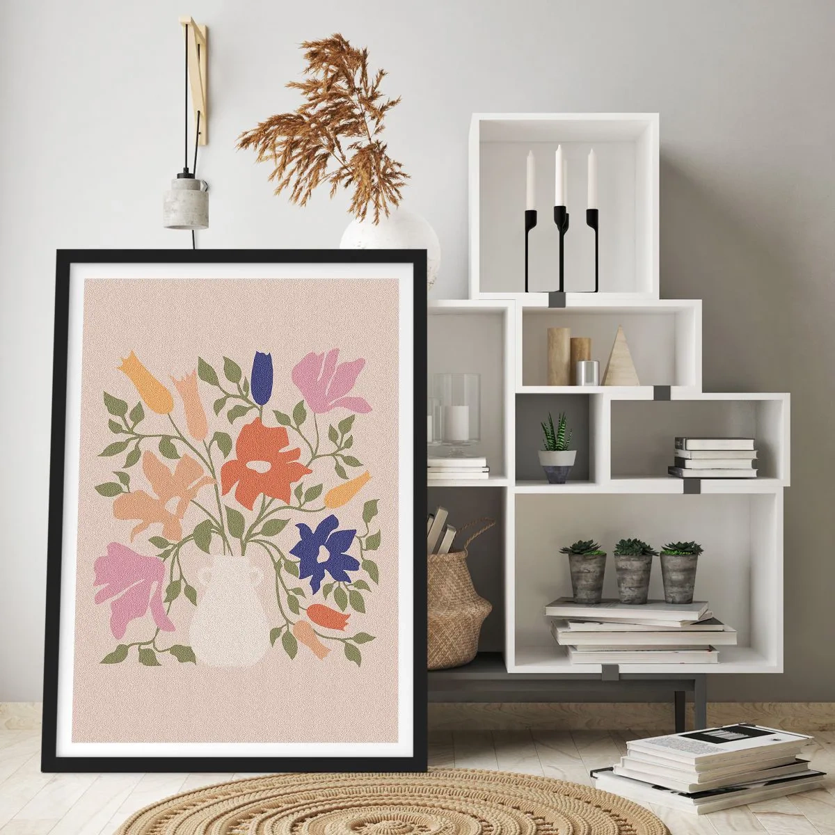 Plakát v černém rámu - Barevná kytice květin ve světlé váze na béžovém pozadí - 50x70cm - Jemná kytice - Moderní nástěnná dekorace do obývacího pokoje a ložnice ARTTOR