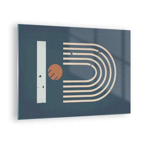 Obraz na skle - Geometrické retro složení na tmavém pozadí - 70x50cm - Geometrie v námořnické modři - Moderní nástěnná dekorace do obývacího pokoje a ložnice ARTTOR