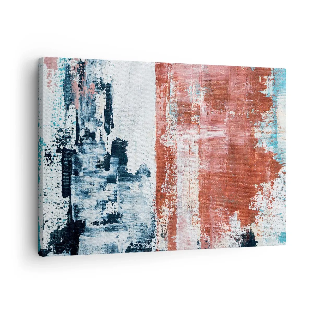Obraz na plátně - Abstrakce v bílých, modrých a cihlových barvách - 70x50cm - Abstraktní půl na půl - Moderní nástěnná dekorace do obývacího pokoje a ložnice ARTTOR
