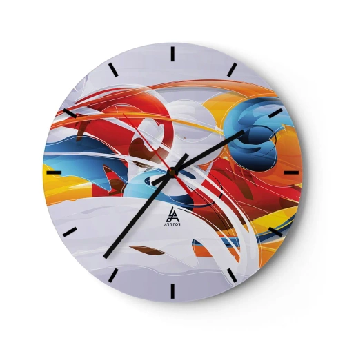 Nástěnné hodiny - Abstraktní tvary v dynamických červených, modrých a žlutých barvách - 30x30cm - Tanec živlů - Moderní nástěnná dekorace do obývacího pokoje, kuchyně a ložnice ARTTOR