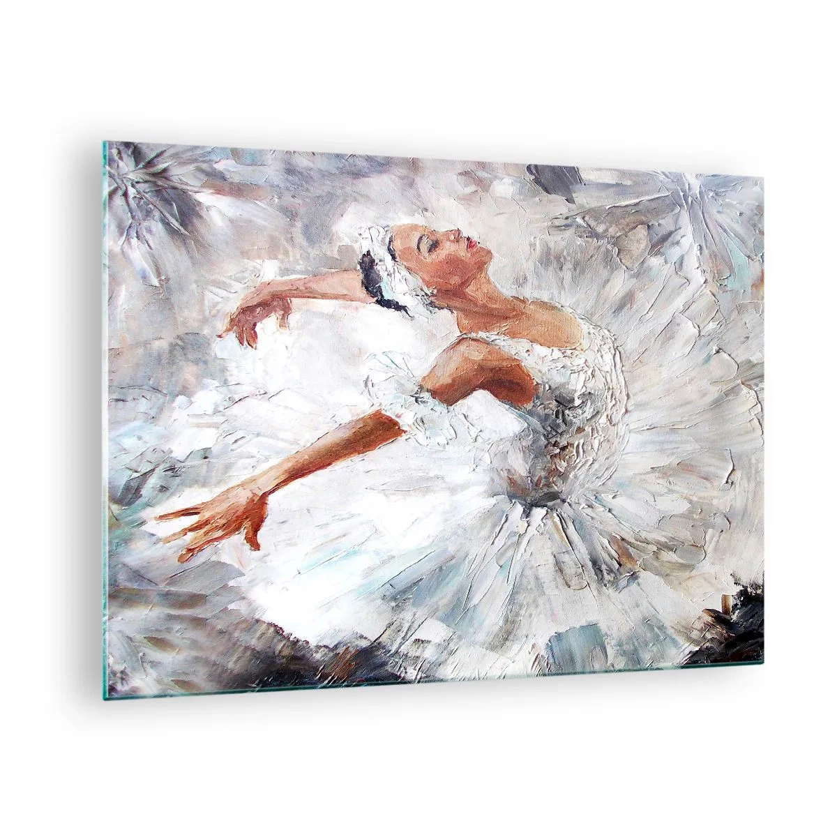 Obraz na skle - Baletka v bílém oblečení v dynamické póze - 70x50cm - Jemná a lehká jako tyl - Moderní nástěnná dekorace do obývacího pokoje a ložnice ARTTOR