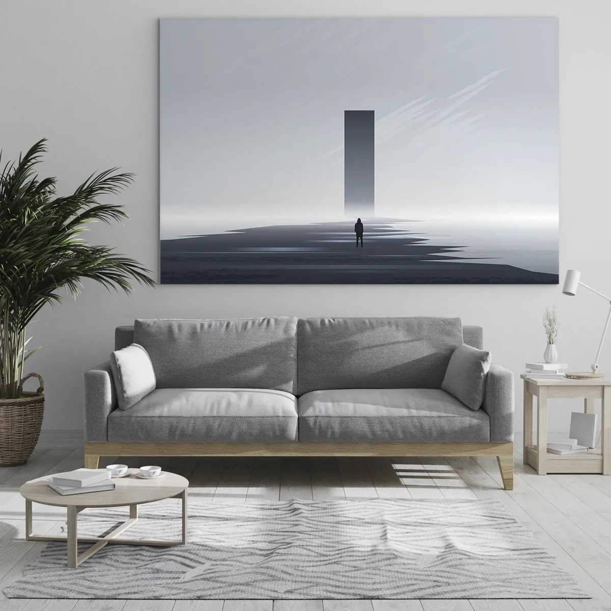 Obraz na skle - Minimalistická krajina s postavou a monolitem v dálce. - 70x50cm - Příležitost nebo hrozba? - Moderní nástěnná dekorace do obývacího pokoje a ložnice ARTTOR